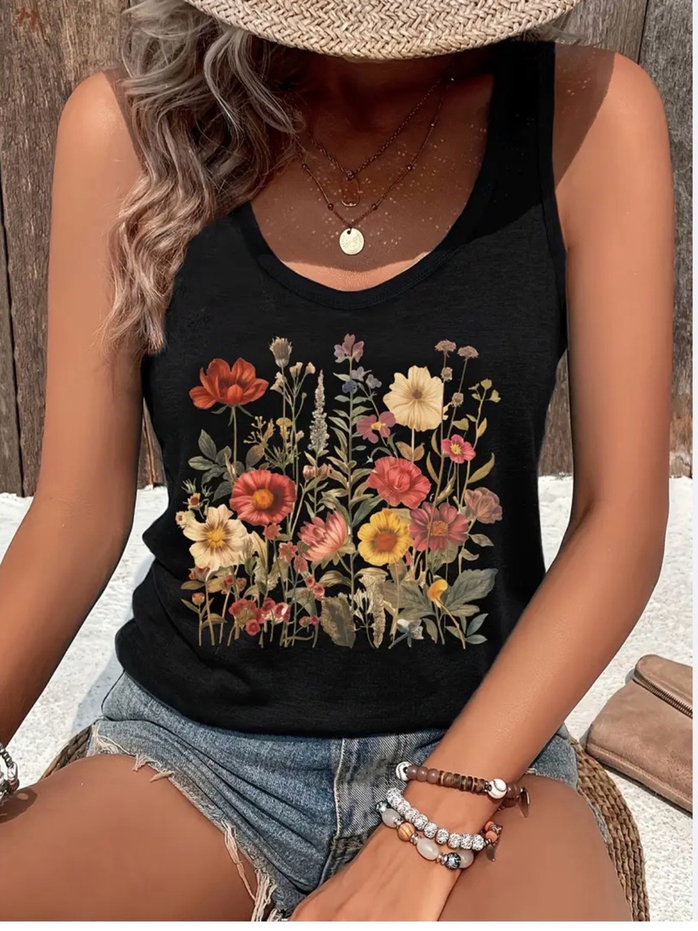 Cottagecore Black Tank Top with Multicolor Floral Print